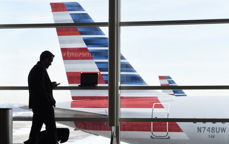 A passenger talks on the phone as American Airlines jets sit parked at their gates at Washington's Ronald Reagan National Airport on Jan. 25, 2016.