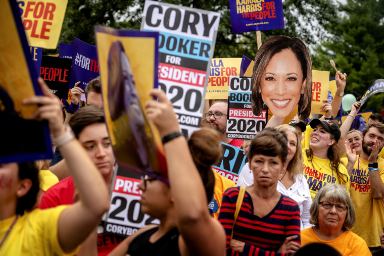 Image: Supporters of Sen. Kamala Harris, D-Calif., and Sen. Cory Booker, D-NJ, at the Polk County Steak Fry in Des Moines, Iowa, on Sept. 21, 2019.