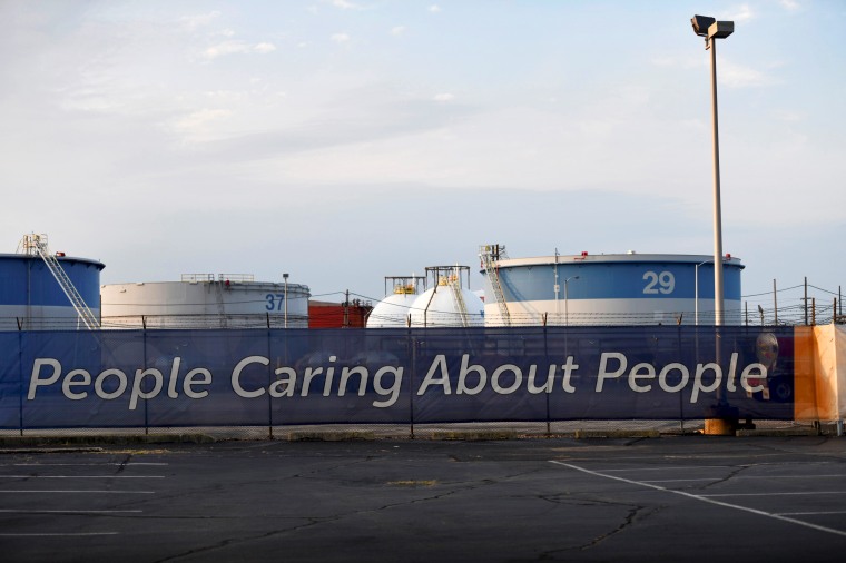 Image: A banner outside of the Philadelphia Energy Solutions refinery on Aug. 21, 2019.