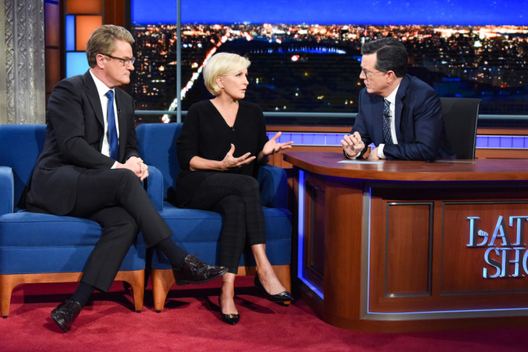 Mika Brzezinski and Joe Scarborough on "The Late Show with Stephen Colbert" on Monday night.