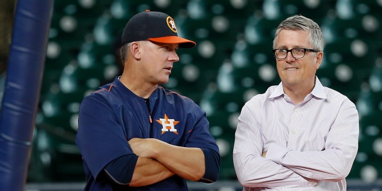 August 10, 2018: Houston Astros manager AJ Hinch (14) watches during a  Major League Baseball game between the Houston Astros and the Seattle  Mariners on 1970s night at Minute Maid Park in