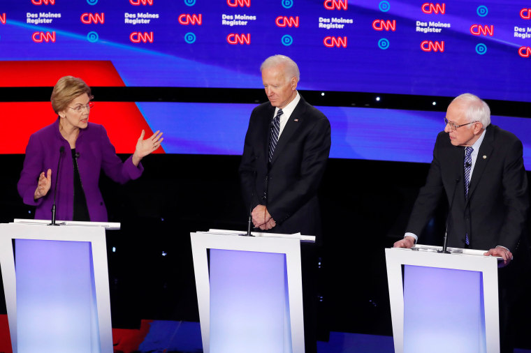 Image: Democratic 2020 U.S. presidential candidates Senator Elizabeth Warren, former Vice President Joe Biden and Senator Bernie Sanders participate in the seventh Democratic 2020 presidential debate at Drake University in Des Moines