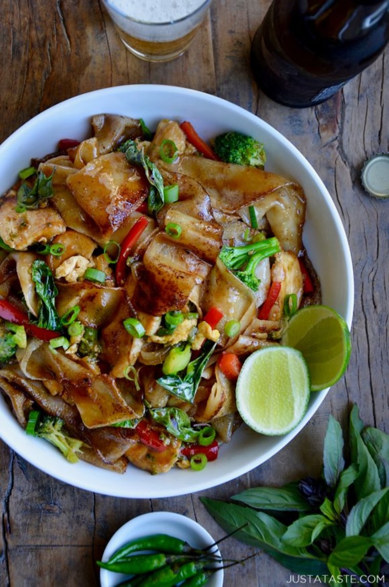 These drunken noodles can be customized with any kind of protein, vegetable or protein.