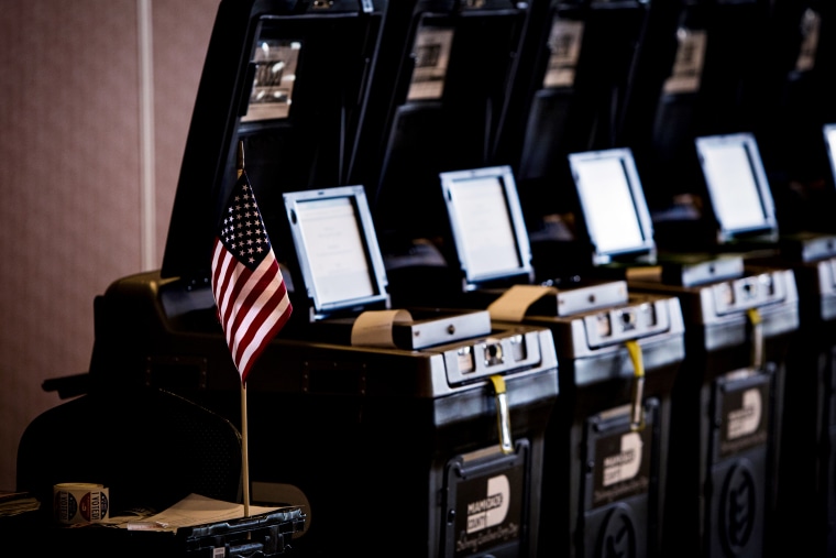 Image: Voting machines at a polling station in Doral, Fla., on Aug. 28, 2018.