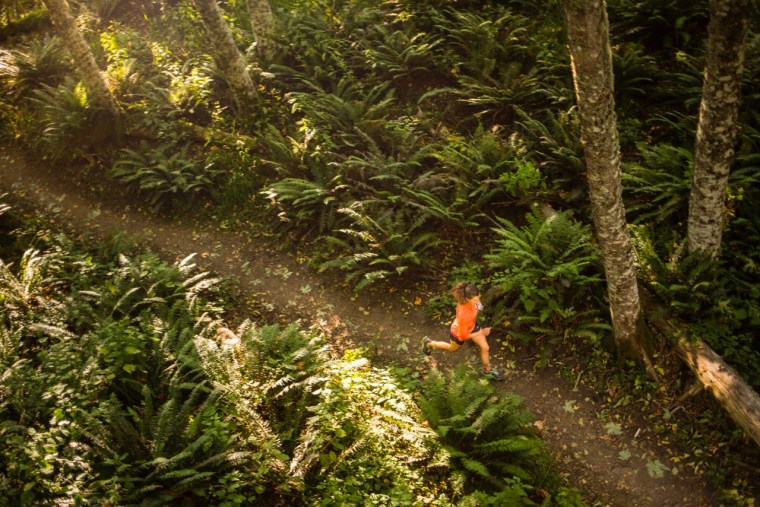 Krissy Moehl enjoys a practice runs on the Rock Trail at Chuckanut Mountain in Washington state.