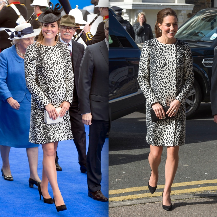The duchess wore a dalmatian-print coat during an event in 2013 (left) and again in 2015. 