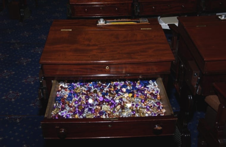 The desk, which Toomey has maintained since 2015, is located in the back row on the Republican side of the chamber. During the impeachment trial of President Bill Clinton in 1999, Senator Rick Santorum (R-PA) ran the candy drawer - providing  Senators with York Peppermint Patties. Only water, milk and candy is allowed to be consumed on the Senate floor.