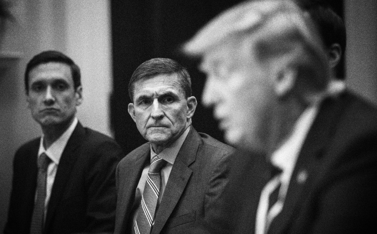 Image: National security adviser Michael Flynn listens to President Donald Trump in the Roosevelt Room of the White House on Jan. 31, 2017.