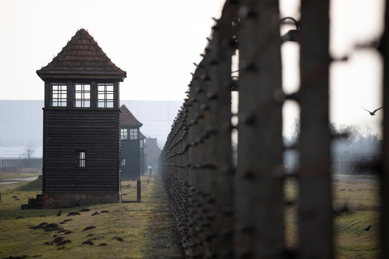 Image: The watchtowers of former Nazi German Auschwitz-Birkenau concentration camp complex in Oswiecim, Poland