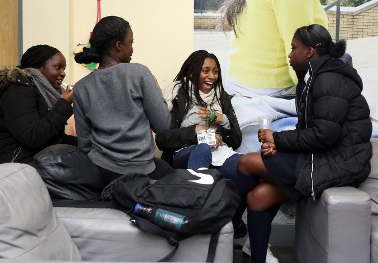 Image: From left, Sophie Eziuloh, Rhoda Sakate, Peace Ogbuani, and Jannelle Afram at Hackney Community College in London, Jan. 20, 2020.