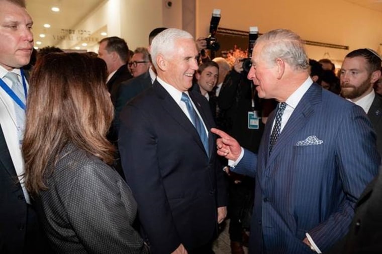 Vice President Mike Pence and Prince Charles talk before an event at the Yad Vashem Holocaust memorial on Jan. 23, 2020.