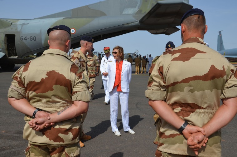 Image: French Minister of Army Forces Florence Parly stands meets French officers of the Barkhane counter-terrorism operation