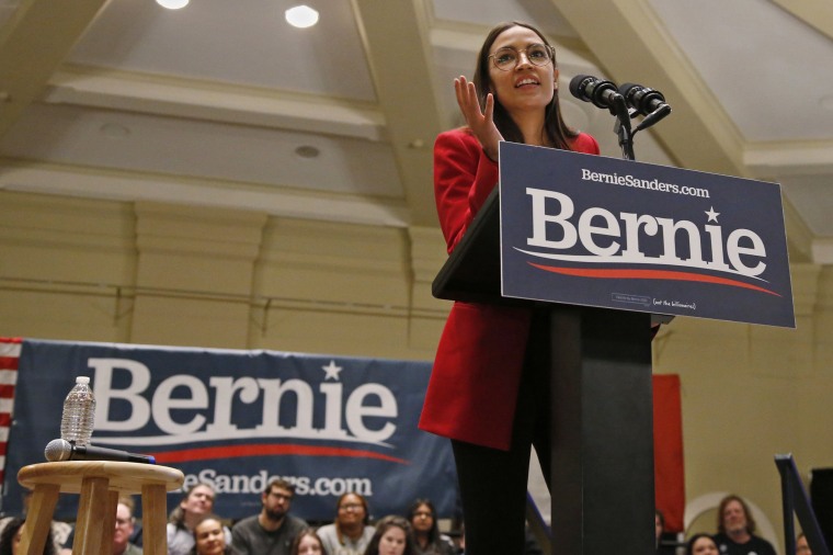 Rep. Alexandria Ocasio-Cortez, D-N.Y., speaks as a surrogate for Democratic presidential candidate Bernie Sanders on Jan.24, 2020, in Iowa City.