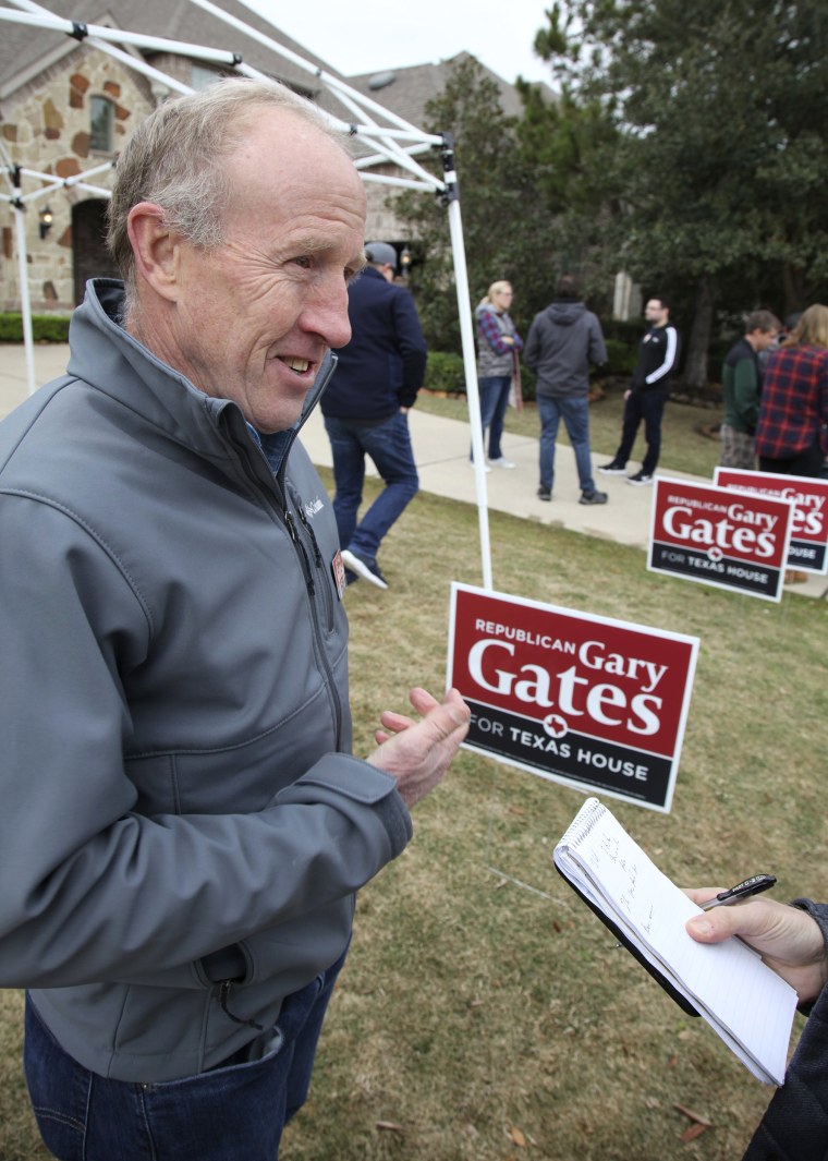 Image: Gary Gates, the Republican candidate for Texas State Representative, speaks during an interview in Katy on Jan. 11, 2020.