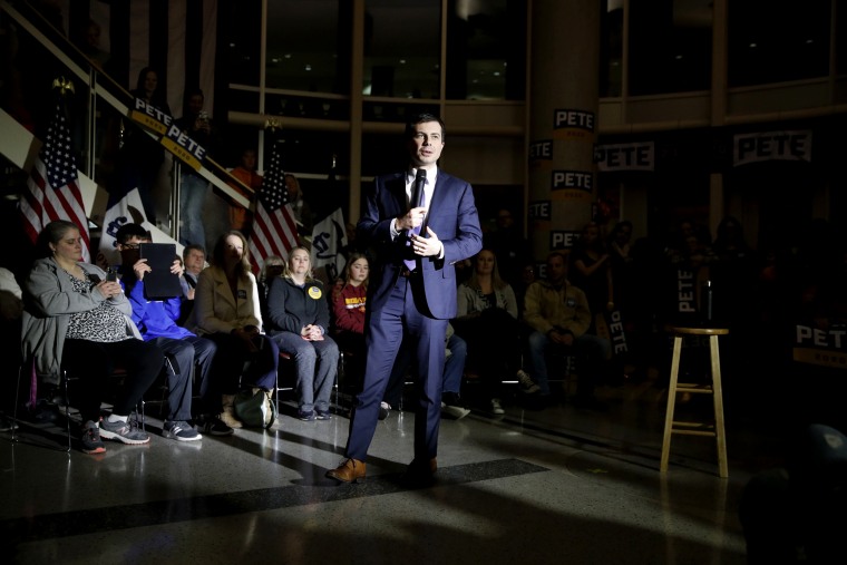 Image: Former South Bend Mayor Pete Buttigieg speaks at a campaign event in Buena Vista University in Iowa on Jan. 25, 2020.