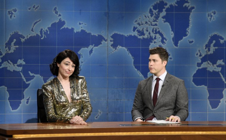 Image: Melissa Villasenor and Colin Jost appear on Saturday Night Live's \"Weekend Update\" on Jan. 25, 2020.
