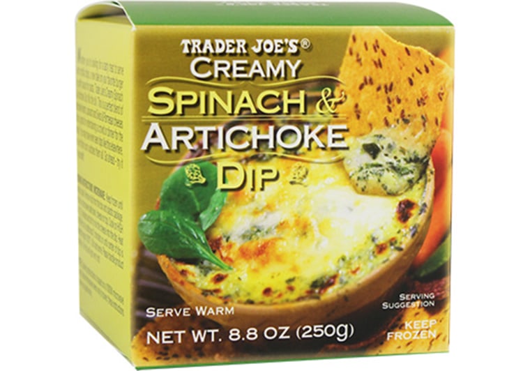 Trader Joe's Spinach and Artichoke dip is packed with melted cheese and great with tortilla chips. 