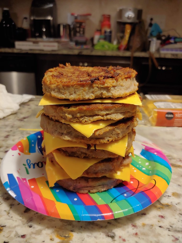 A stacked cheeseburger cake