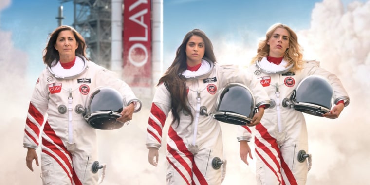 From left to right: Retired astronaut Nicole Stott, actresses Lilly Singh, and Busy Phillips are starting in an Olay commercial that will air during the Super Bowl on Sunday.