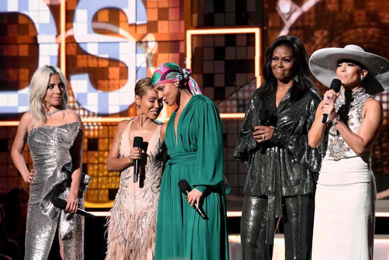 Image: Lady Gaga, Jada Pinkett-Smith, Alicia Keys, Michelle Obama and Jennifer Lopez at the Grammy Awards in Los Angeles on Feb. 10, 2019.