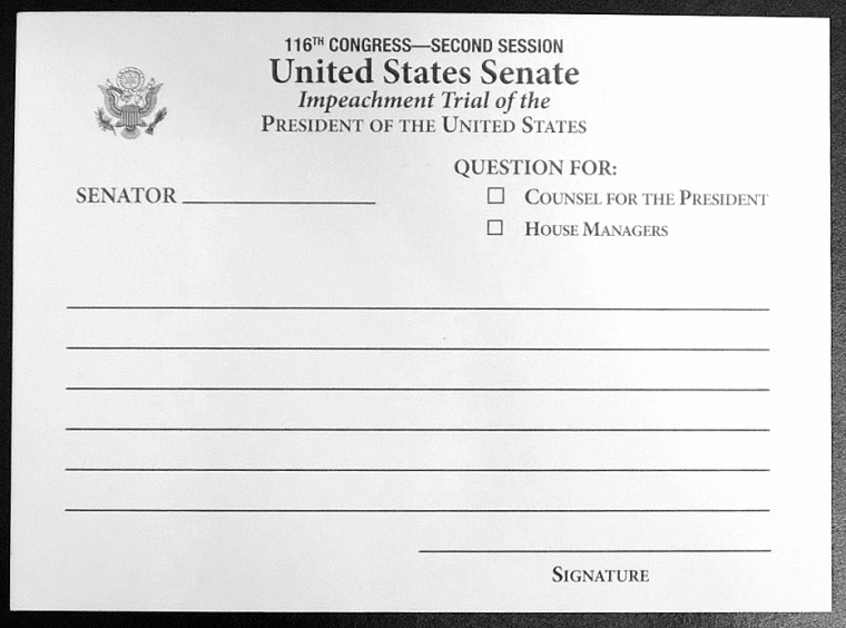 Question card to be used by senators at the president's impeachment trial