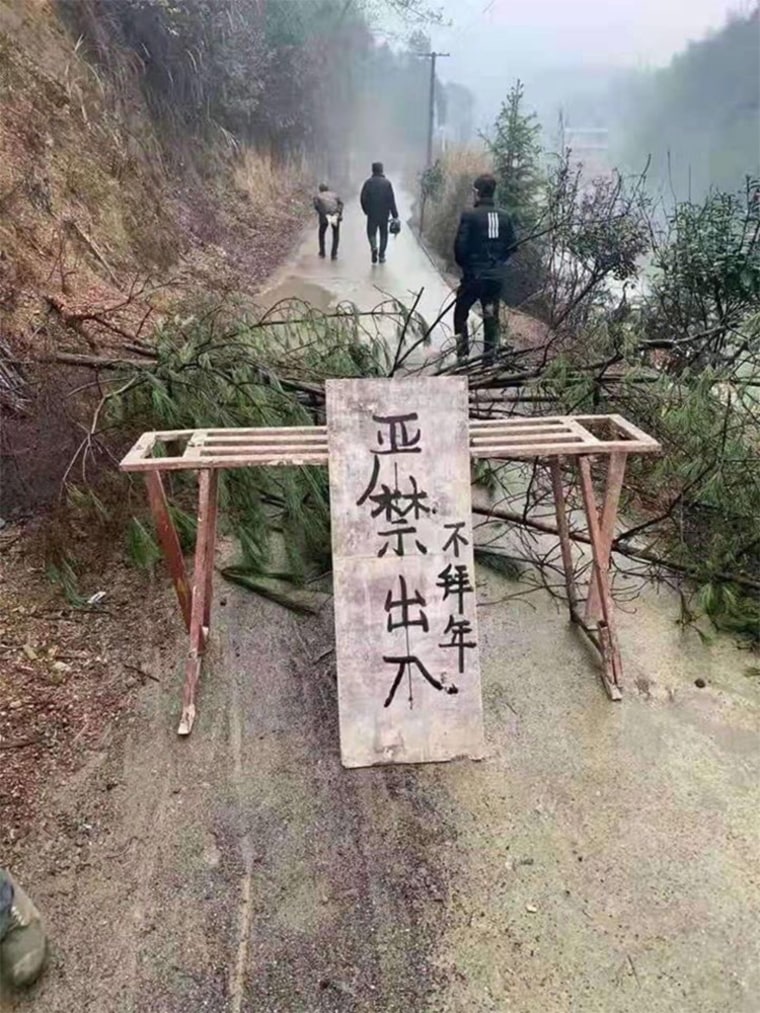 Image: A sign warns residents of a rural settlement near Wuhan against leaving to visit friends or family during the Lunar New Year.