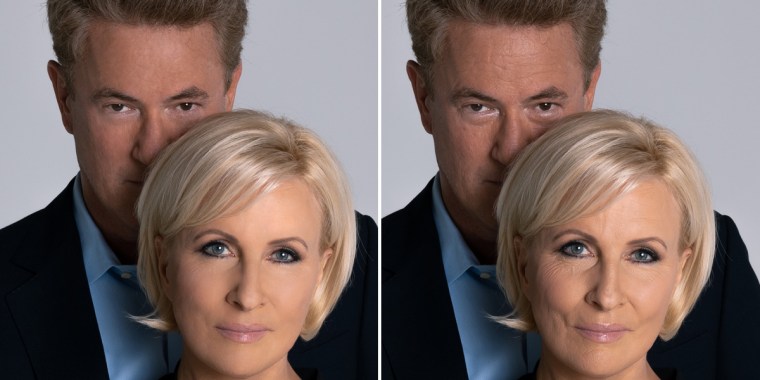 The edited photo version of Mika Brzezinski and Scarborough, left, versus the unedited photo, right.