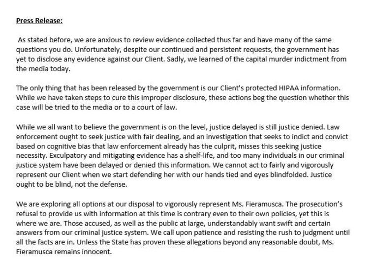 The press release defense attorneys Brian Erskine and Jackie Wood released on January 28, 2020.
