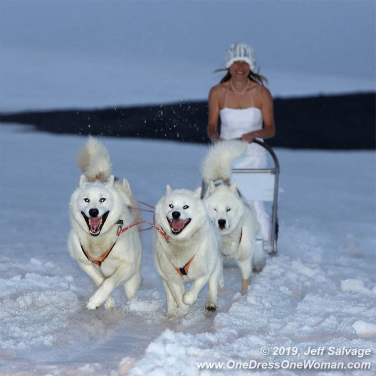 Puppy love! And a gorgeous strapless gown in the snow.