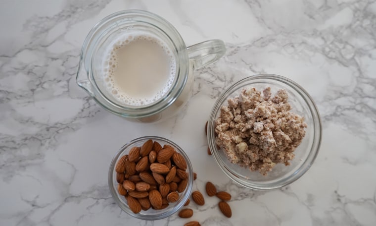 After you strain the almond blend, you'll be left with a creamy nut milk and plenty of ground up pulp.