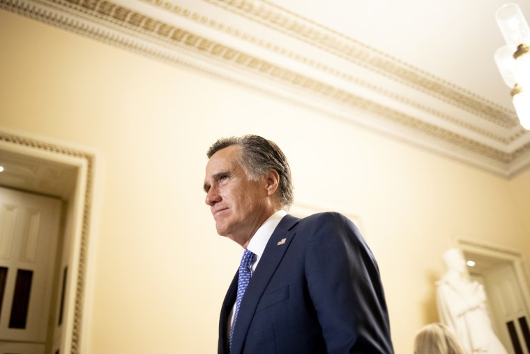 Image: Sen. Mitt Romney, R-Utah, leaves the State of the Union address on Feb. 5, 2019.