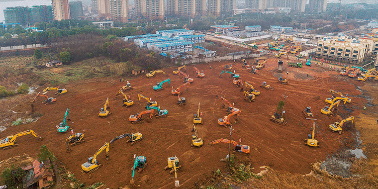Construction of the Huoshenshan hospital in Wuhan, China, on Jan. 24 and Feb. 2, 2020.