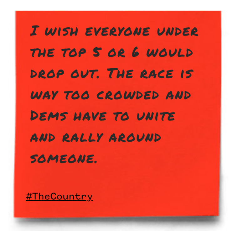 "I wish everyone under the top 5 or 6 would drop out. The race is way too crowded and Dems have to unite and rally around someone."