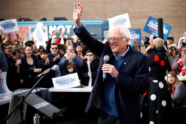 Image: Sen. Bernie Sanders speaks to supporters at a campaign field office in Cedar Rapids, Iowa, on Feb. 2, 2020.