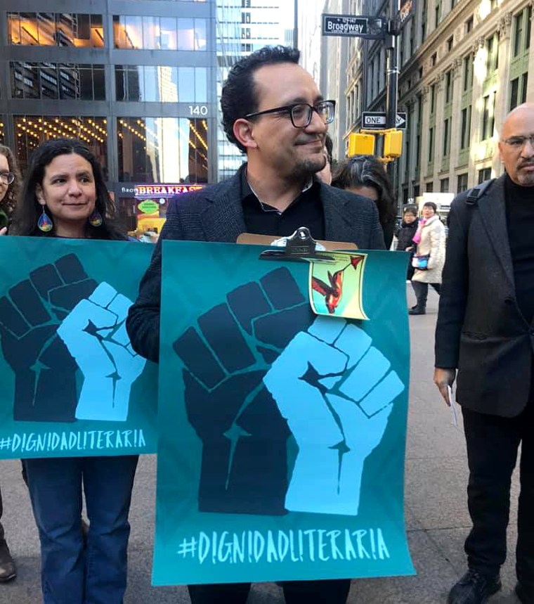 The leaders of #DignidadLiteraria, a movement that calls for social media and in-person actions to share Latino stories led by the initial and most vocal critics of Jeanine Cummins' "American Dirt," met with Flatiron Books, publisher of the novel, on Feb. 3, 2020 in New York.