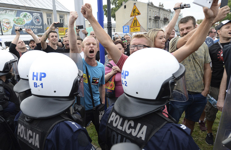 Protesters demonstrate against the first-ever Pride parade in Plock, Poland, on Aug. 10, 2019.