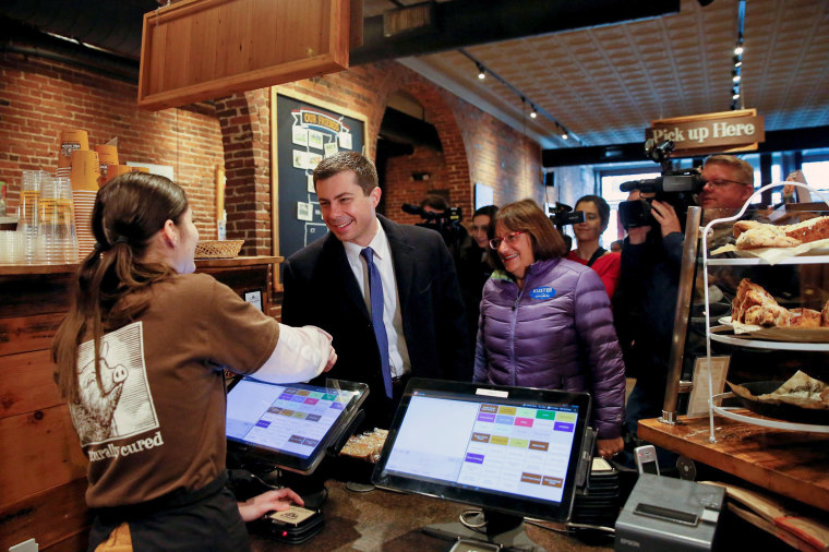 Image: Democratic 2020 U.S. presidential candidate and former South Bend Mayor Pete Buttigieg visits The Works Cafe with U.S. Rep. Annie Kuster (D-NH) in Concord