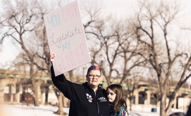 Supporters of transgender rights march Feb. 1, 2019, in downtown Sioux Falls, South Dakota.