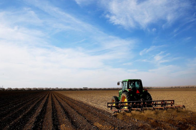 A tractor plows a field on February 25, 2014 in Firebaugh, California.