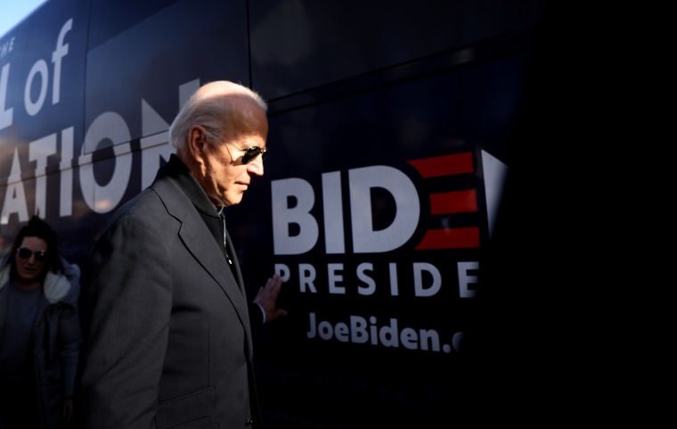 Image: Joe Biden boards his campaign bus after speaking in Somersworth, N.H., on Feb. 5, 2020.