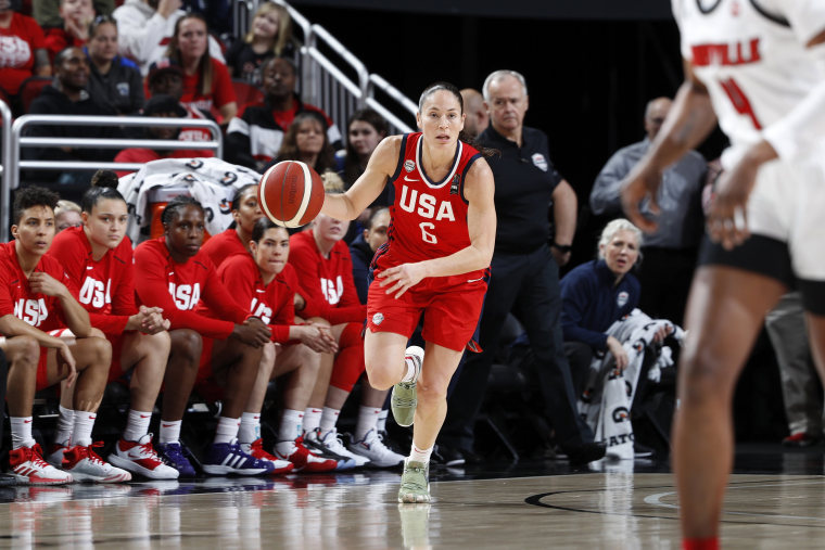 Image: Sue Bird dribbles the ball during a game between the U.S. Women's National team and Louisville Cardinals on Feb. 2, 2020.