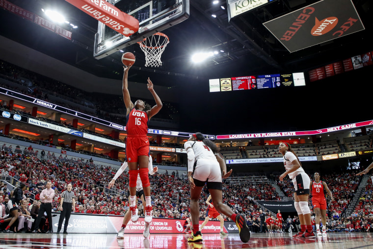 Image: Nneka Ogwumike shoots the ball during an exhibition game against the Louisville Cardinals on Feb. 2, 2020.