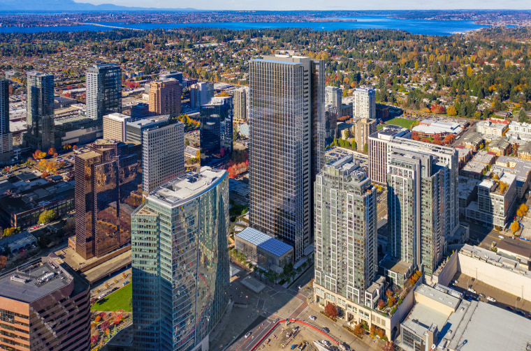 A render of the new office tower developed by Amazon in Bellevue, designed by Seattle-based architects NBBJ.