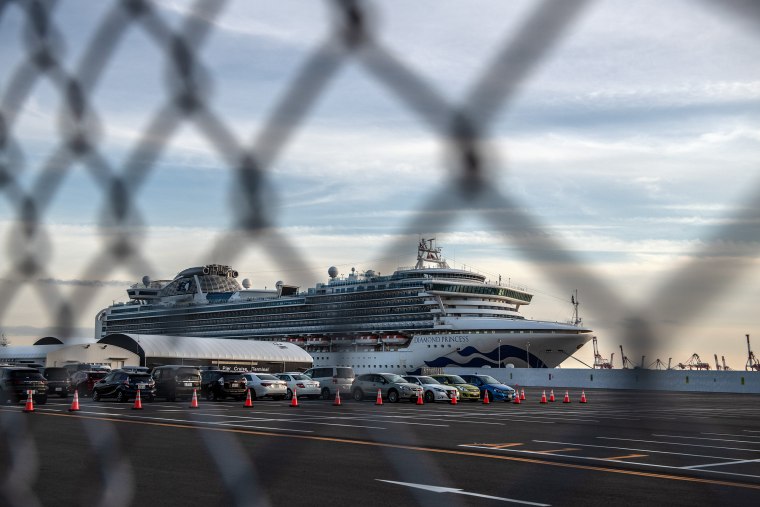 Image: The Diamond Princess sits docked at Daikoku Pier where it is being resupplied and newly diagnosed coronavirus cases taken for treatment in Yokohama, Japan.