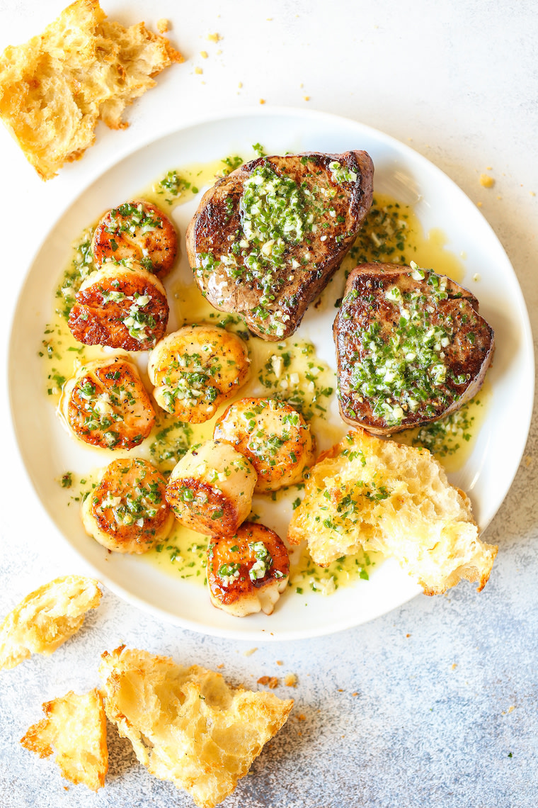 Garlic butter steak and scallops