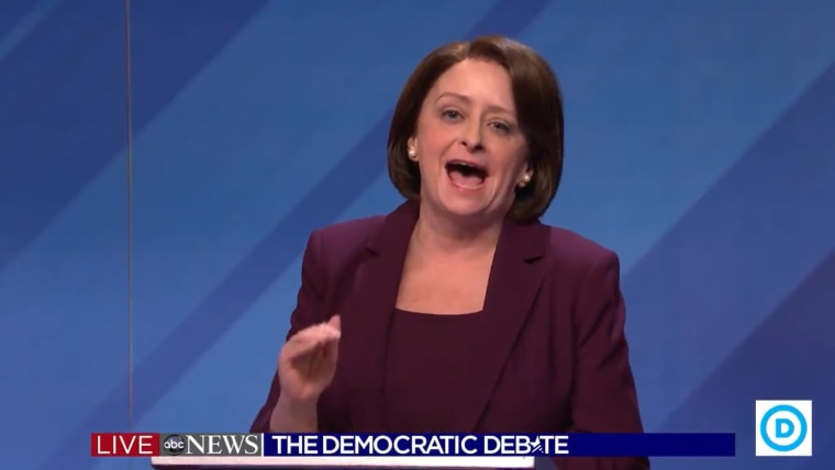 Rachel Dratch portrays Sen. Amy Klobuchar, D-MN., in the New Hampshire Democratic debate on "Saturday Night Live's" cold open on Feb. 8, 2020.