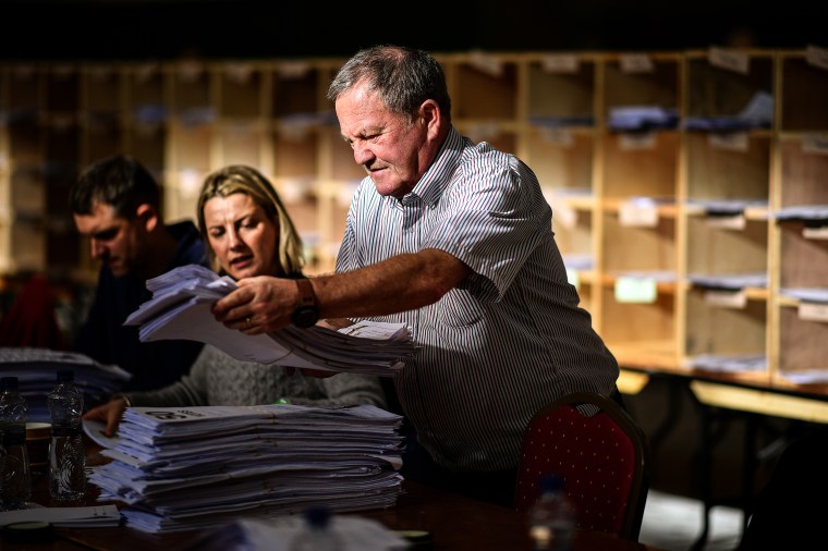 Image: Counting for the Irish general election begins at the Cork South-Central constituency on Feb. 9, 2020.