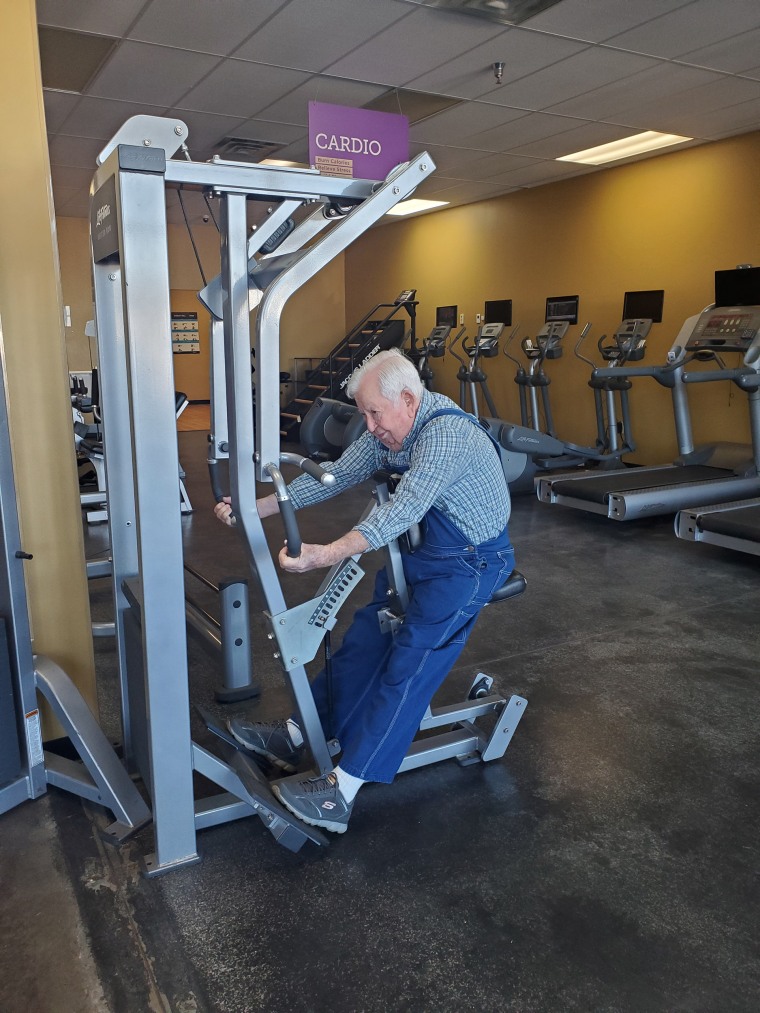 Everyone at the gym knows Lloyd Black because of his overall. He says he wears them because his hips are too small to keep pants up and they're comfortable. 