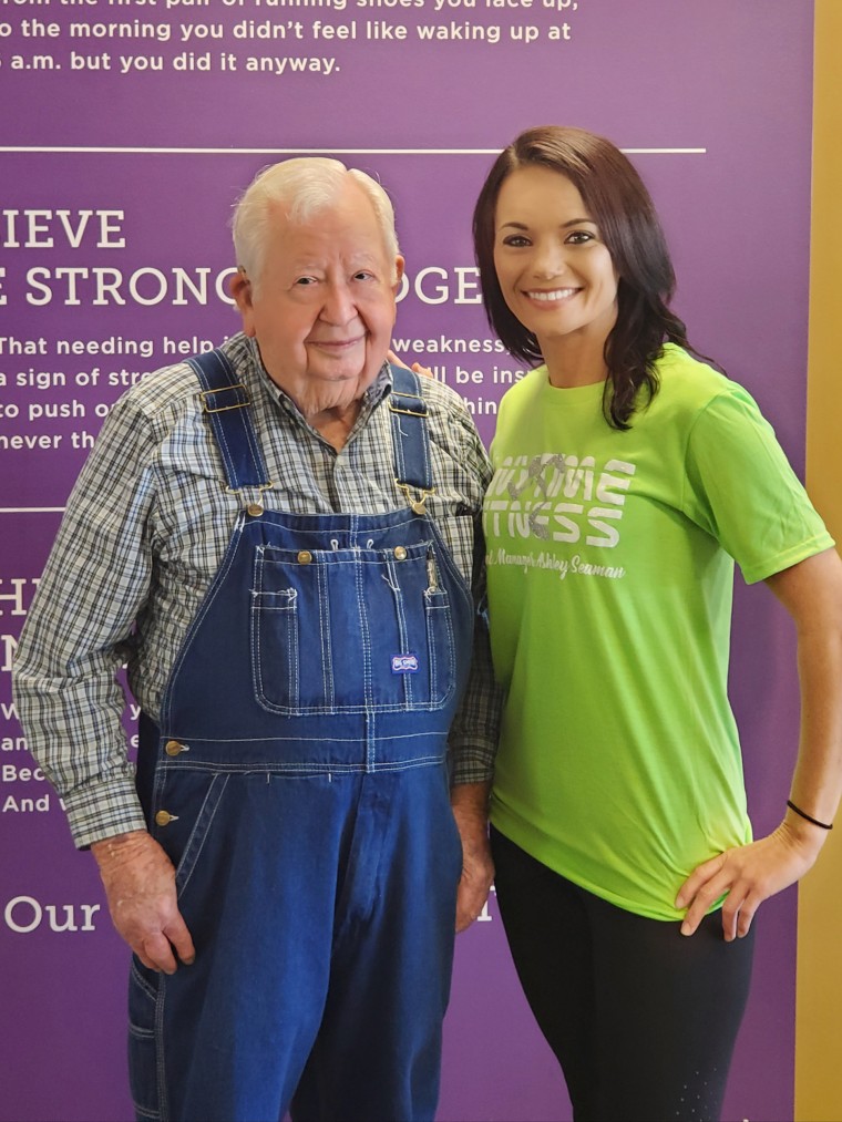 91 year old in overalls inspiring others working out at gym