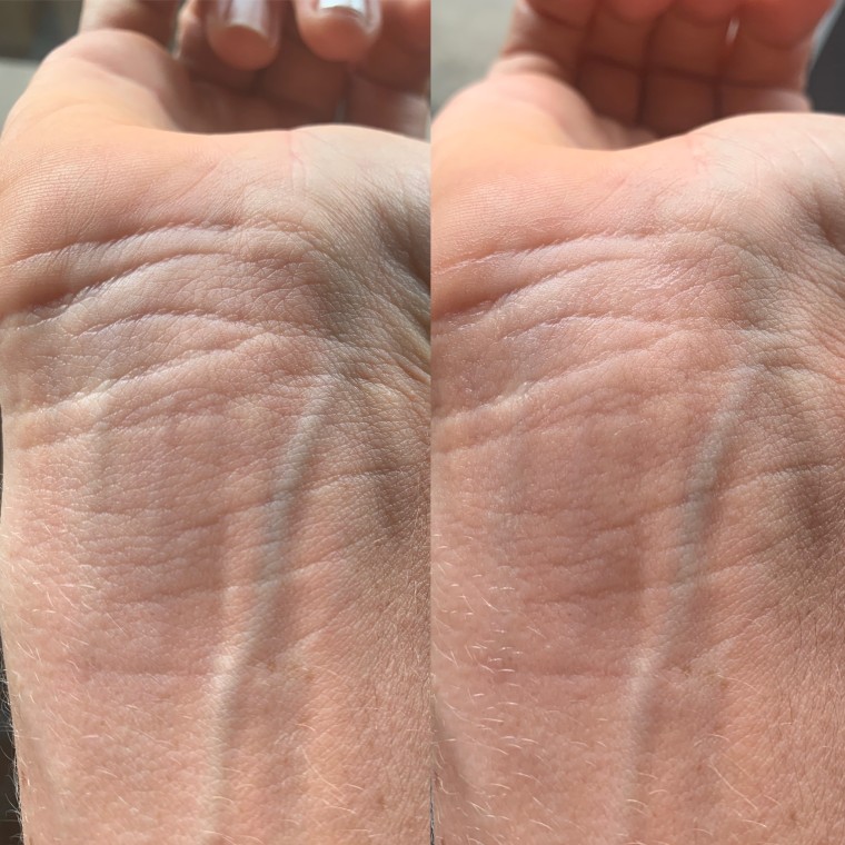 Before (left) and after (right) applying the Maybelline Baby Skin Instant Pore Eraser to my wrist